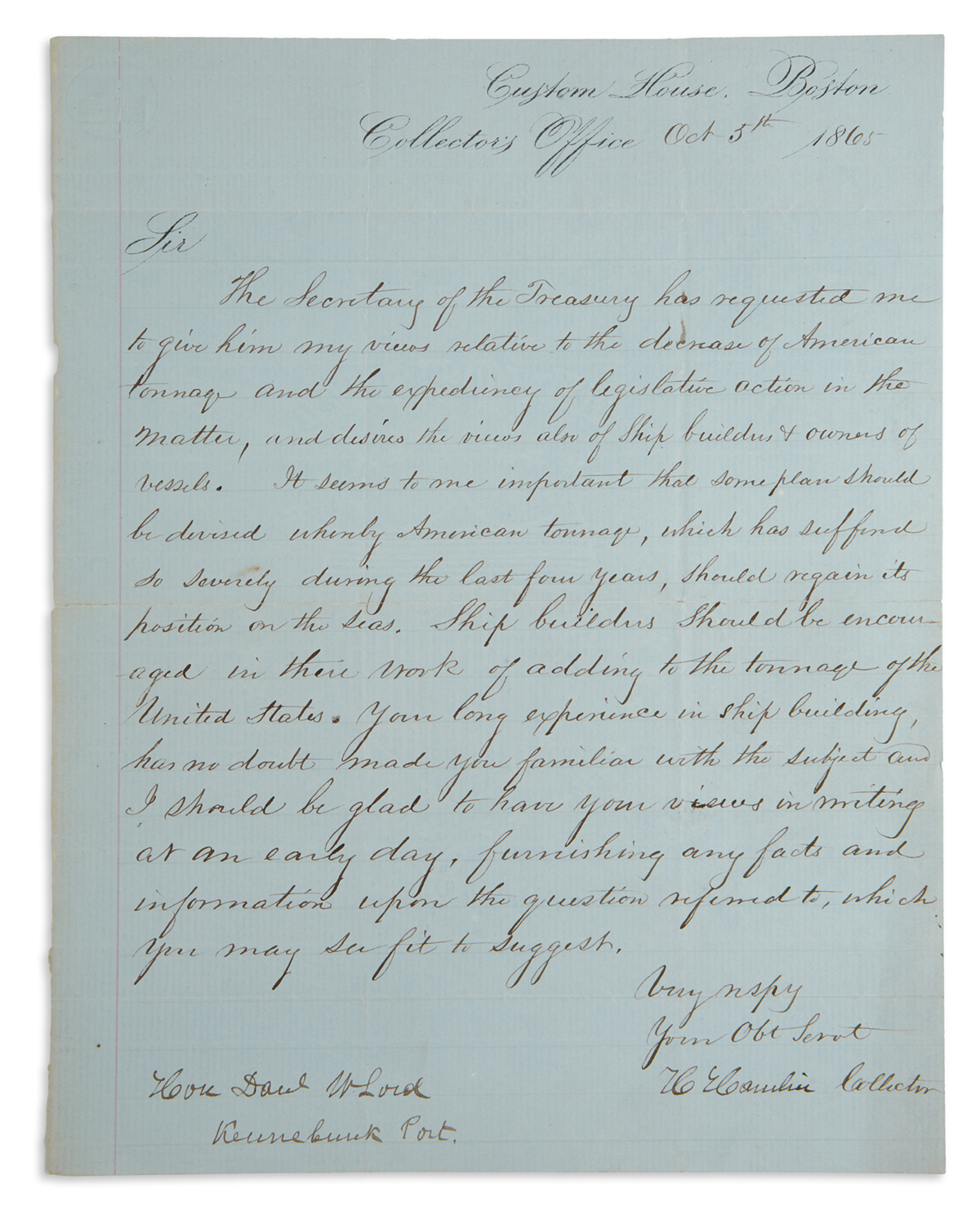 HANNIBAL HAMLIN. Group of 7 letters, each Signed, H. Hamlin, to various recipients, on various topics, including 6 Aut...
